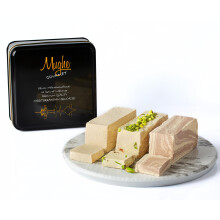 Mughe Gourmet Halvah Assortment 1.88lb (850g) Tin Gift Box 3 Delicious Marble Tahini Halvah Bars Pistachio Cocoa Vanilla Flaky Turkish Halawa Gifts