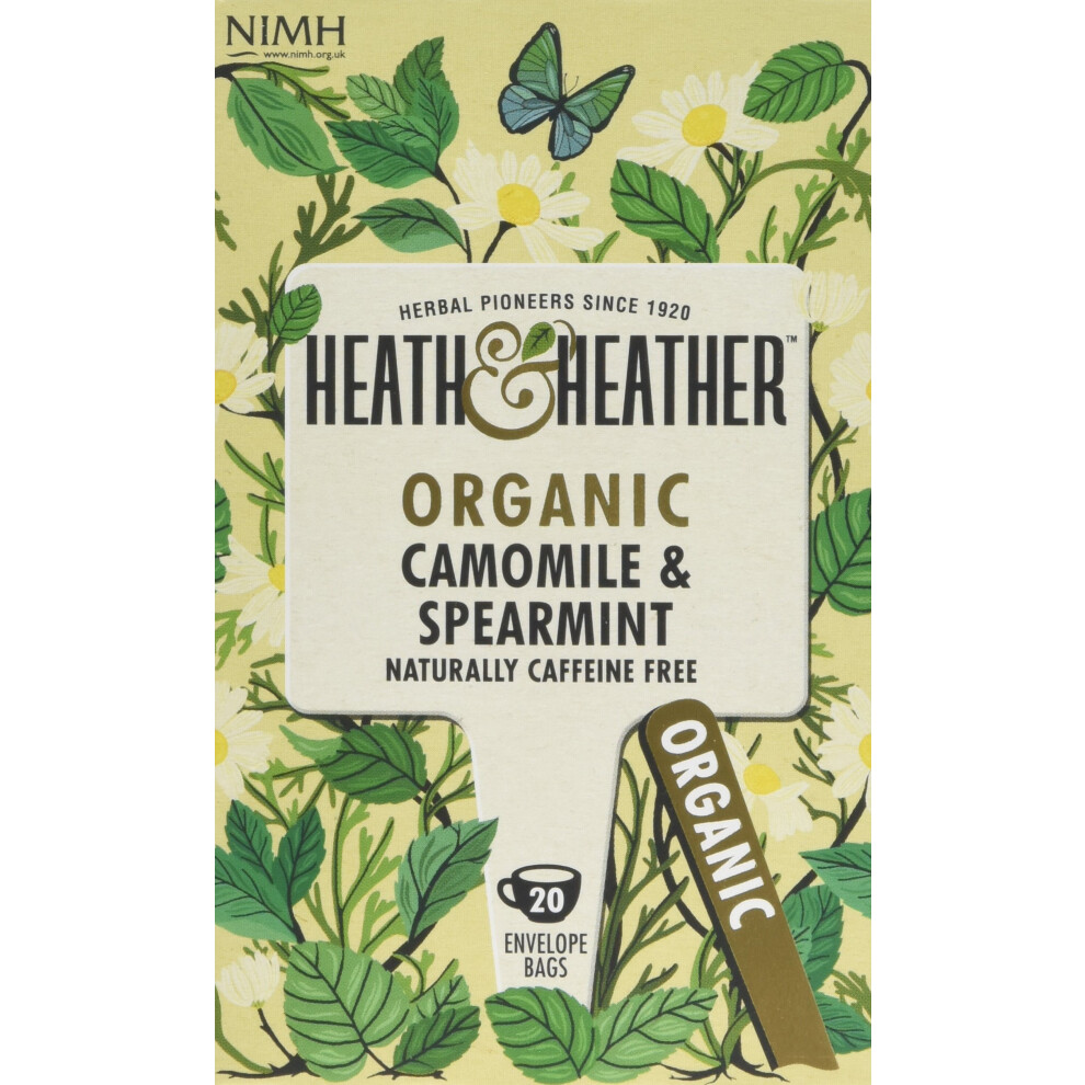 Heath & Heather Organic Camomile And Spearmint Teabags | Individually Wrapped Caffeine-Free Herbal Tea Infusions | 6 Packs Of 20, Total 120 Tea Bags