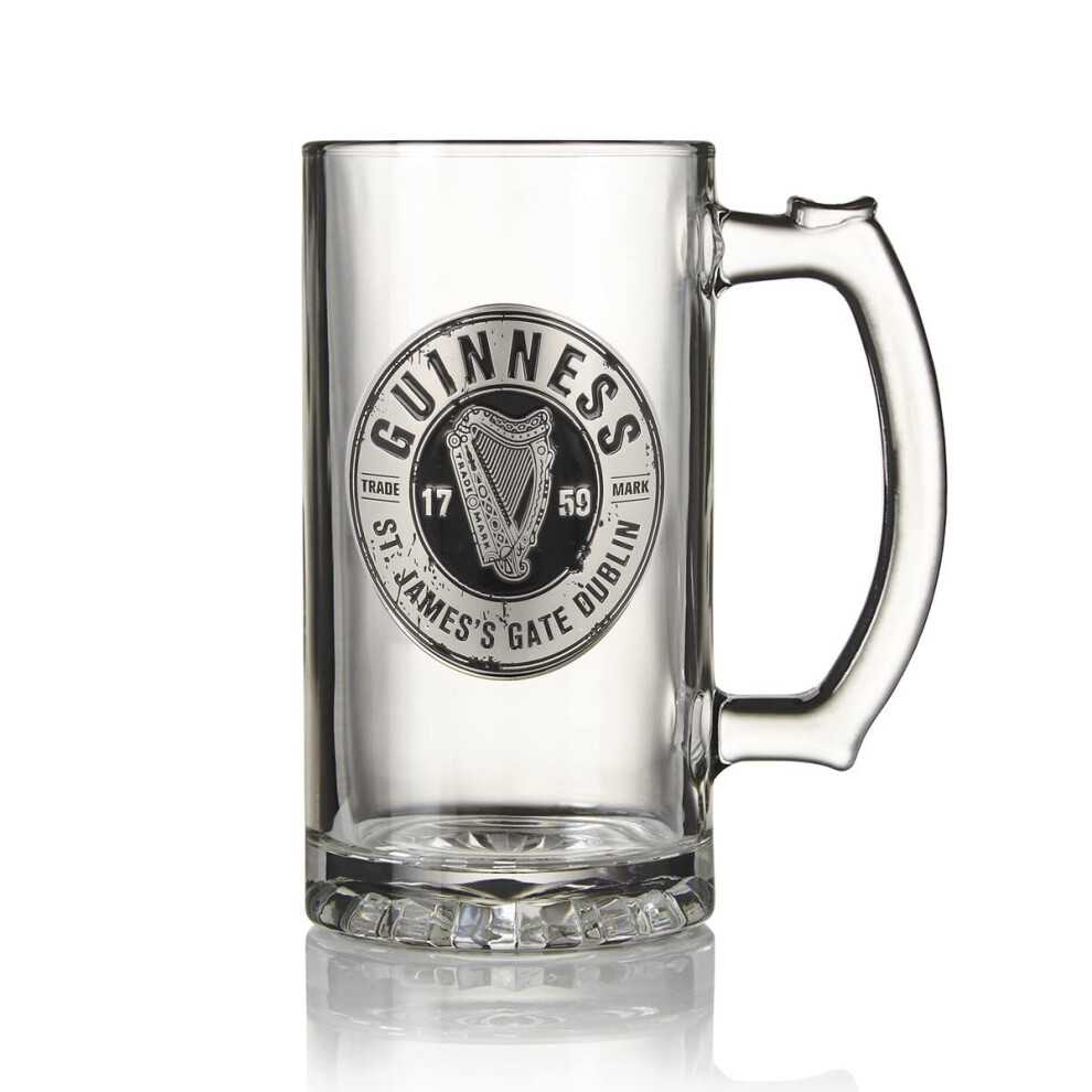 Guinness Label Tankard with Pewter Logo Beer Pub Style Pint Glass - Tankard Style Glass with Metal Badge
