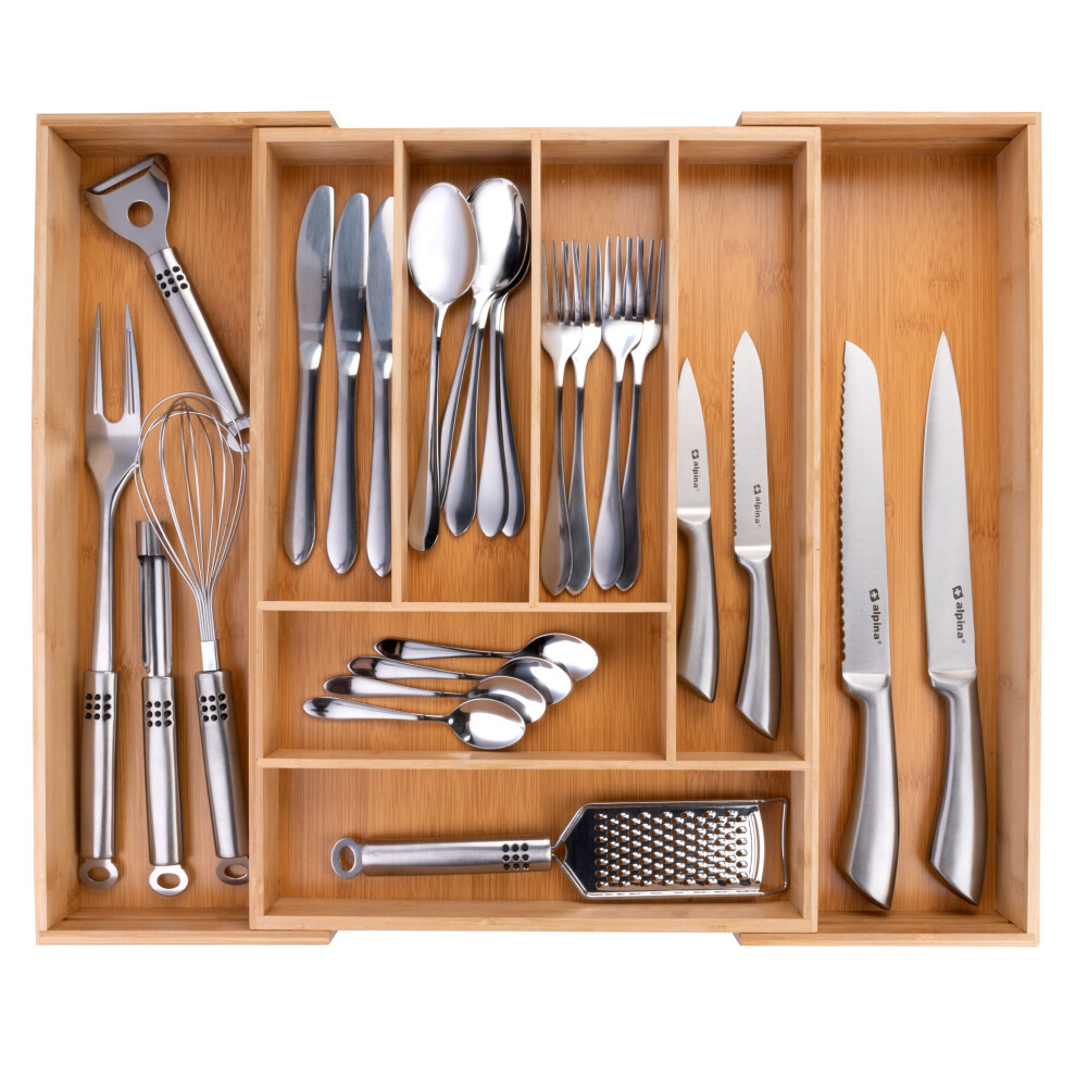 alpina Cutlery Drawer Organizer - Cutlery Tray Extendable 46 x 34-56.5 x 6 cm - Utensil Drawer Organizer with 6 to 8 Compartments - For Kitchen