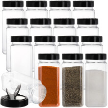 Hacaroa 16 Pack 600 ml Plastic Spice Jars with Shaker/Pourer Lids, Square Empty Seasoning Containers Clear Spice Bottles for Dry Food, Condiments,