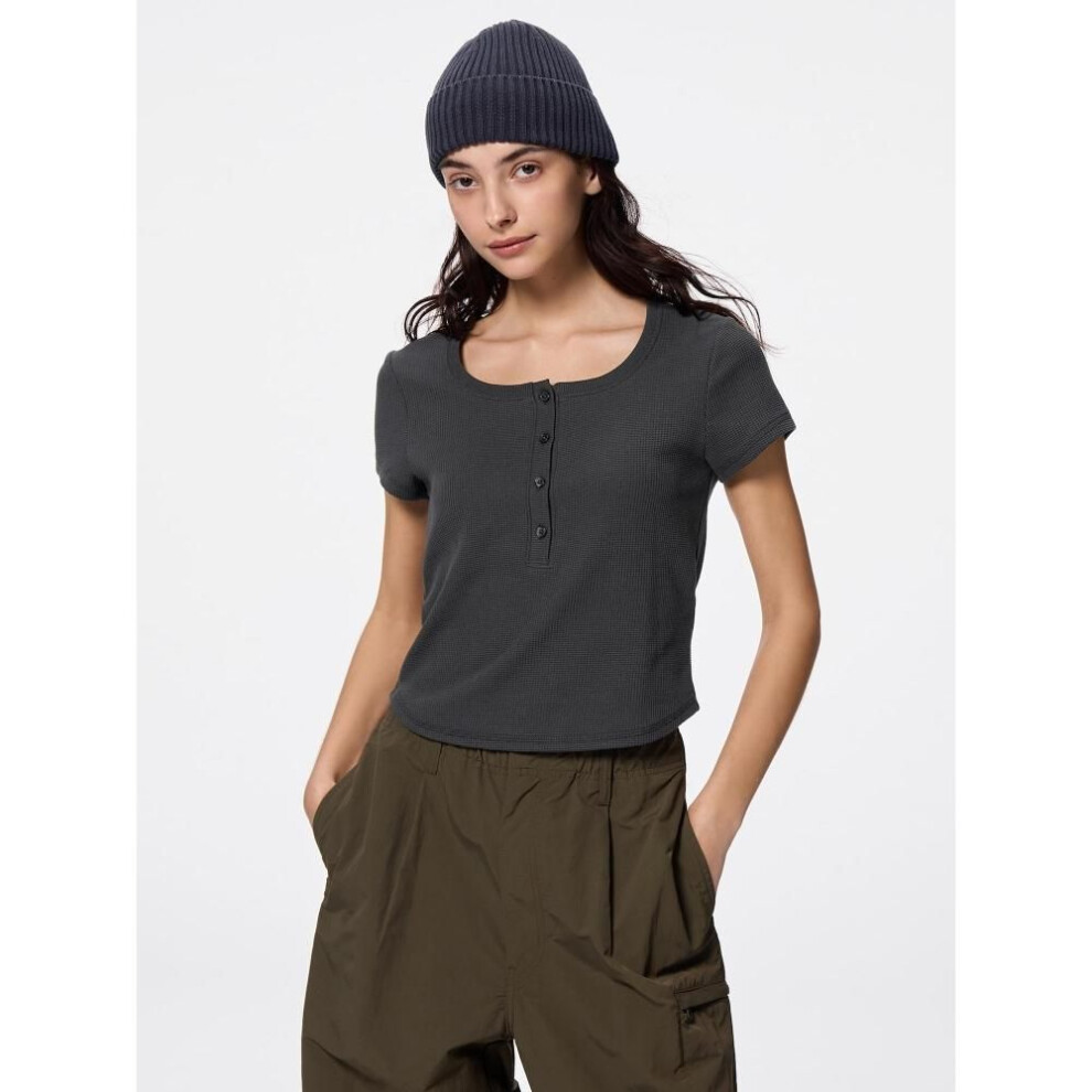 (30 NATURAL/XS) Gu By Uniqlo Waffle Henley Neck T+e