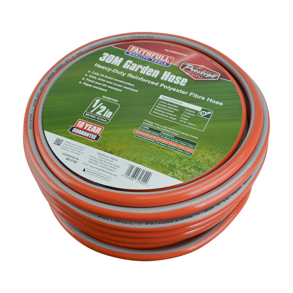Faithfull 30M (98ft) Prestige Heavy-Duty Reinforced PVC Garden Hose 12.7 mm (1/2 Inch) Diameter