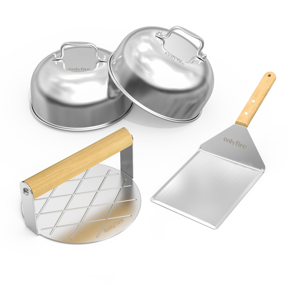 onlyfire BBQ Griddle Accessories Kit, 2 x 16cm Burger Cover Cheese Melting Dome, Round Burge Smasher and Large Spatula Turner, Grill Accessories Tools