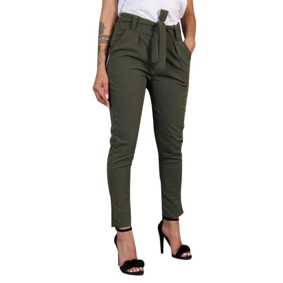 (green, S) DYS Women Clothing Casual Belted Elastic High Waist Harem Pants Long Trousers