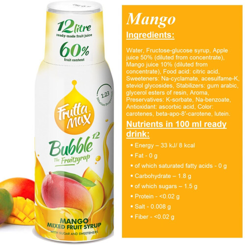 8 Pack - FruttaMax Mango Syrup | Less Sugar | 60% Real Fruit Concentrate | Suitable for soda Machine 8x500ml 2
