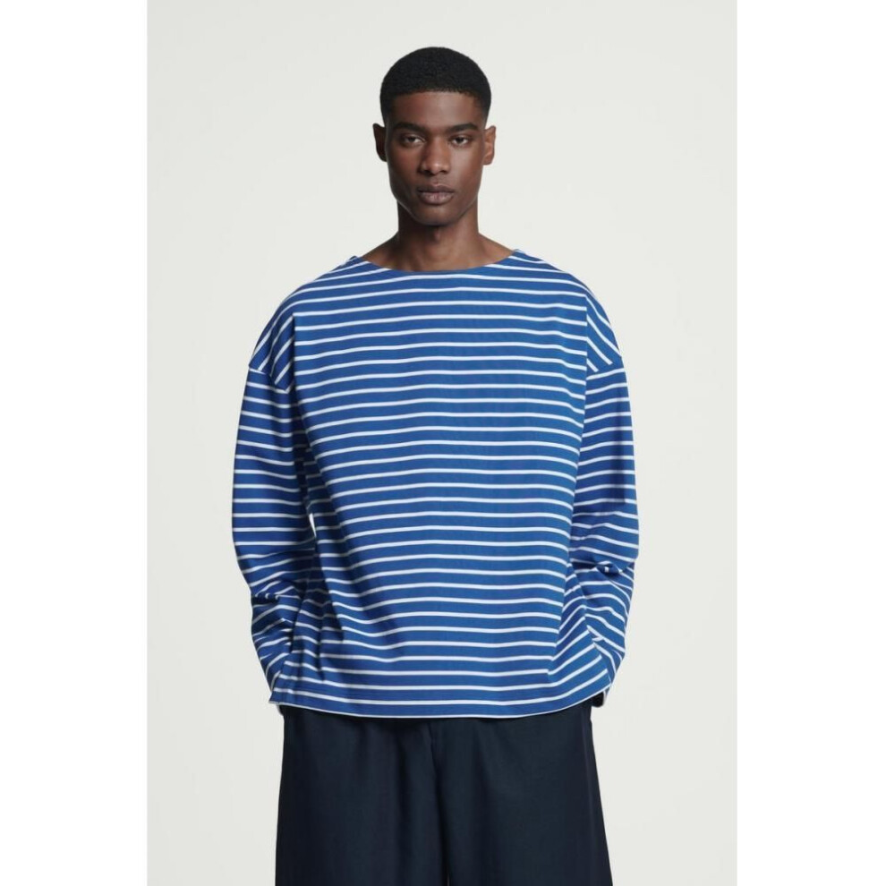 (blue/white/stripe/XL) Cos Japan Oversized Striped Boat Neck T Shirt