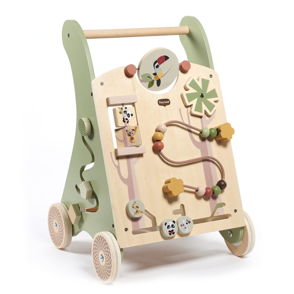 Tiny Love Wooden Baby Walker, Activity Walk Behind, 2-in-1 Activity Walker, 12 Interactive Activities, Supports Motor Skills, Cognitive Development,