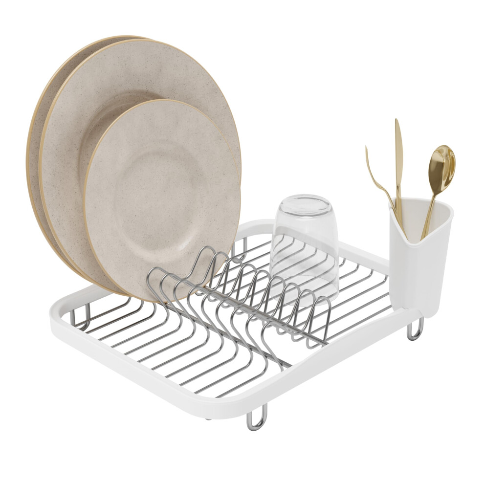 Umbra Sinkin Dish Drying Rack - Kitchen Sink Caddy with Removable Cutlery Holder, Fits In Sink or on Countertop, White/Nickel