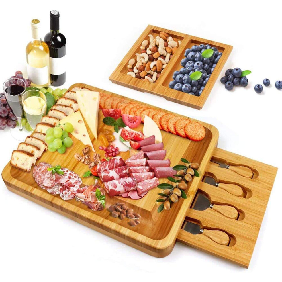 Esyhomi Bamboo Cheese Board And Knife Set, Cheese Servers With Hidden Drawer, Charcuterie Platter And Cheese Serving Tray For Wine, Crackers, Brie And Meat.
