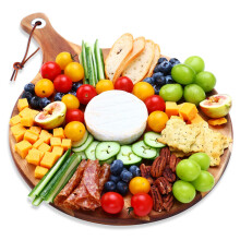 hecef Acacia Wood Large Cheese Board Charcuterie Board, Round Cutting Board with Paddle Handle for Pizza, Cheese, Fruits, Vegetables, Bread - Food