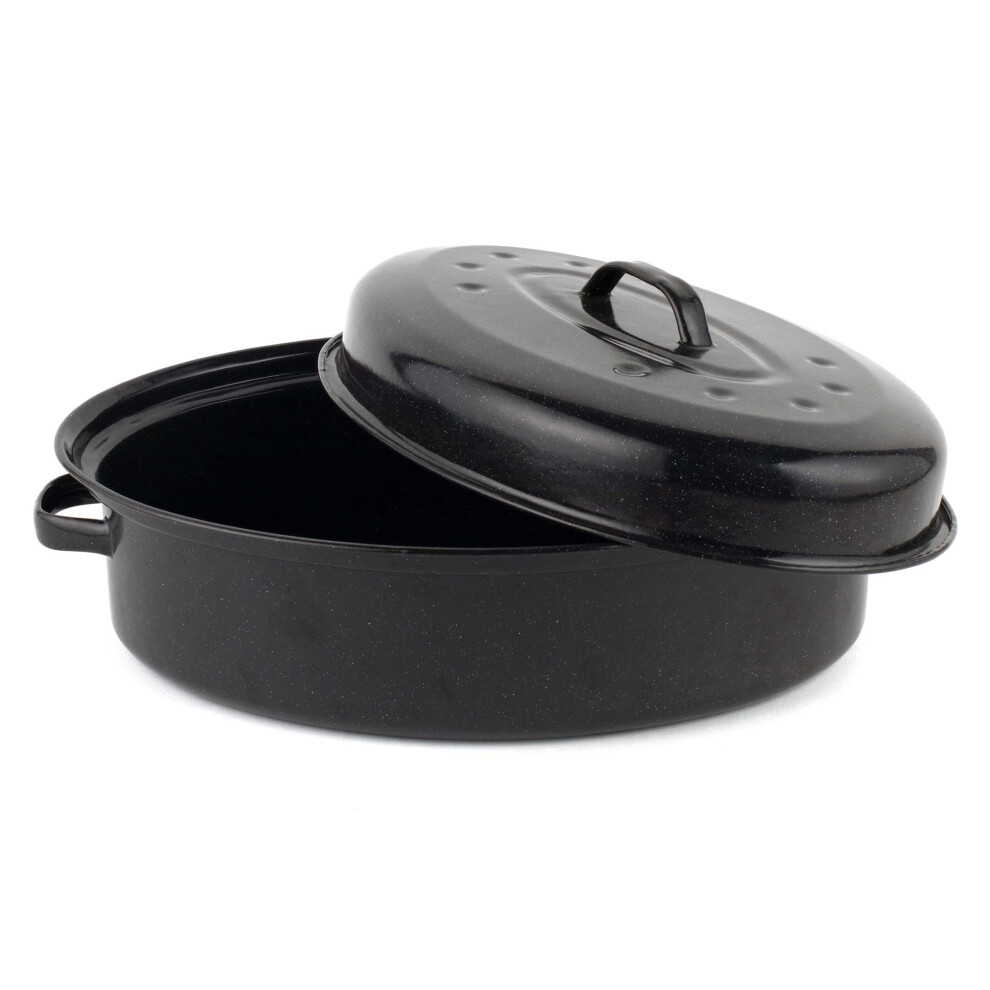 Salter BW12810EU7 Self-Basting Roaster ? 36cm Vitreous Enamel Coated Steel Roasting Tin with Lid, Oval Dish, PFAS-Free, Dishwasher Safe, Oven Safe to