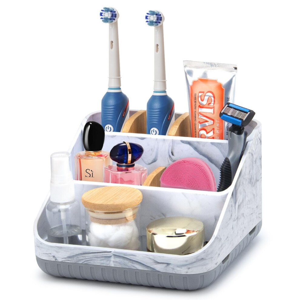 Chonly Toothbrush Holder, Multifunctional Electric Bamboo Toothbrush Holder, Bathroom Organiser With 6 Slots Electric Toothpaste Caddy For Bathroom