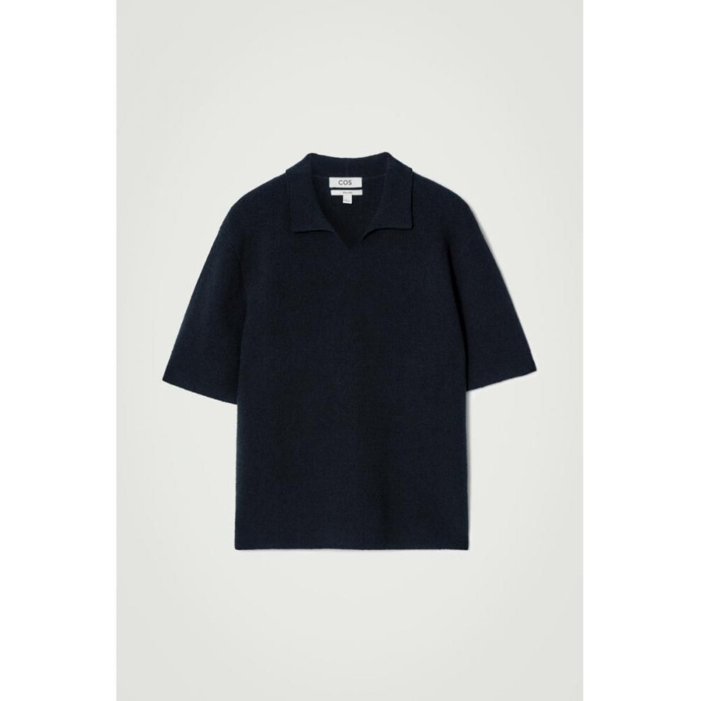 (NAVY/M) Cos Japan Open Collar Boucl  Knit Polo Shirt