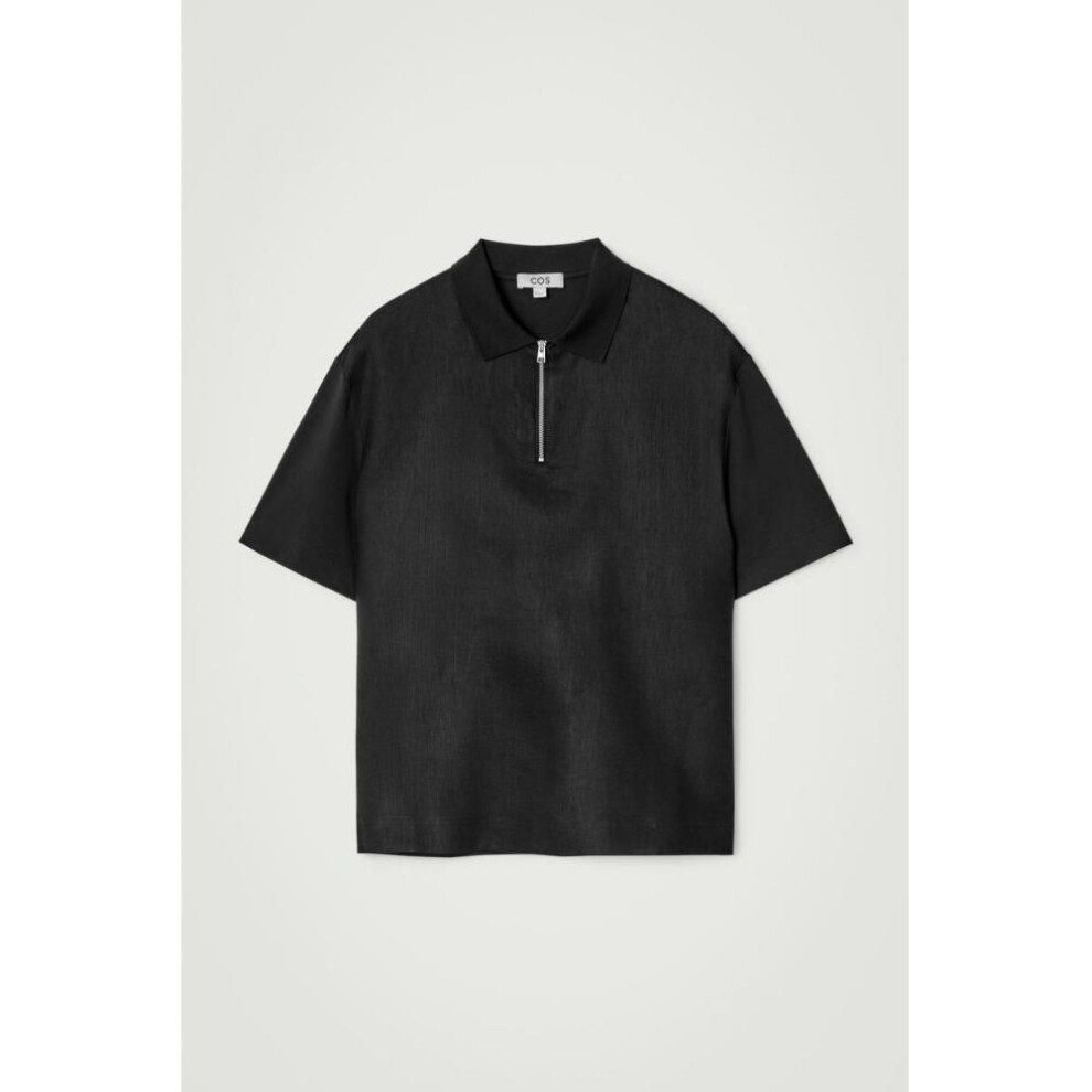 (Black/XS) Cos Japan Panel Linen Half Zip Polo Shirt