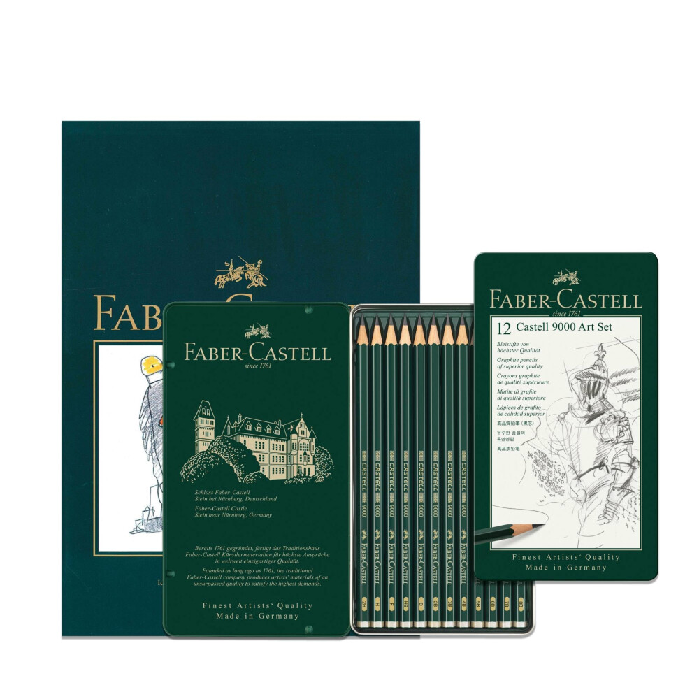 Faber-Castell A4 Sketch Pad, 40 sheet, 160gsm & Castell 9000 Art Set Tin Of 12 - For Adult Colouring Books, Craft Supplies, Drawing, Sketching,