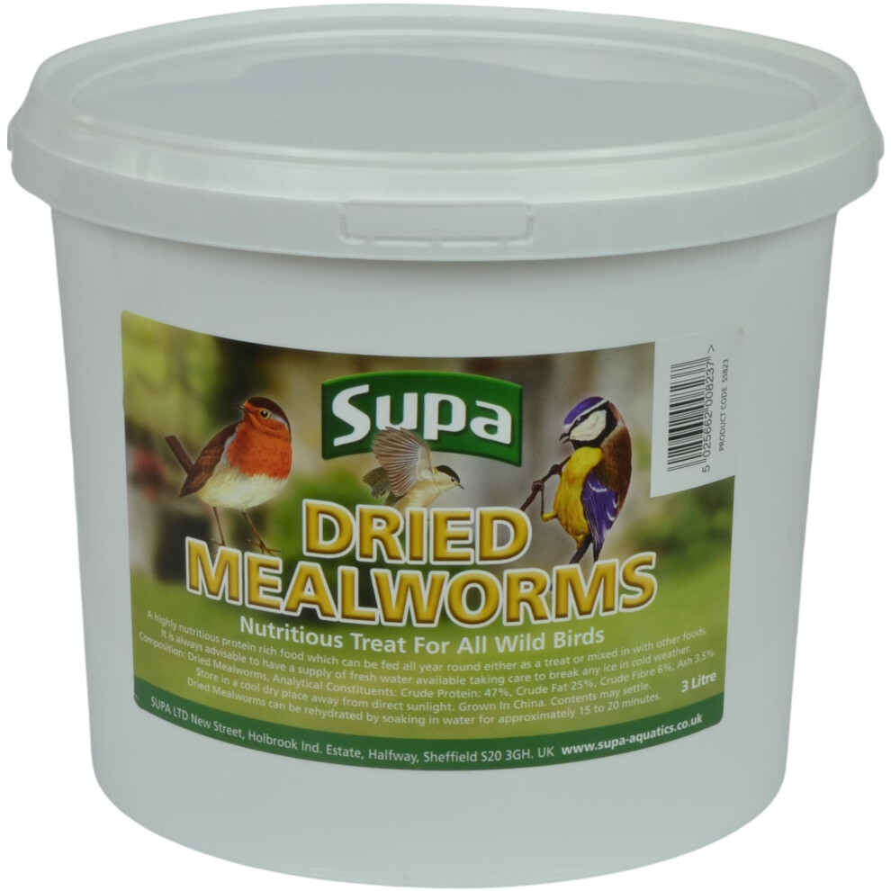 Supa Dried Mealworms for Wild Birds, 3 Litre Bucket, High Energy Protein Rich Treat For Garden Birds, Attract More Birds To Your Garden, Quality Wild