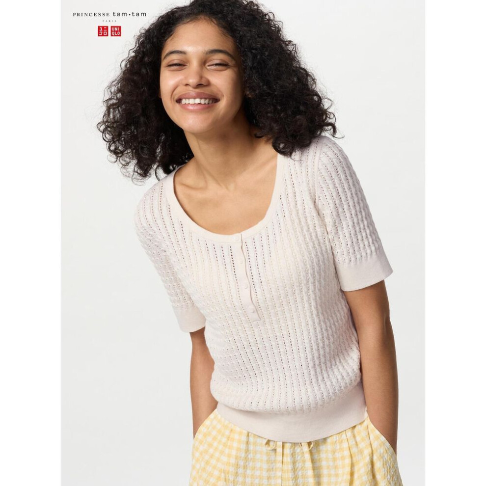 (01 OFF WHITE/S) Uniqlo Japan Point Tail Knit Henley Neck Sweater Short Sleeve