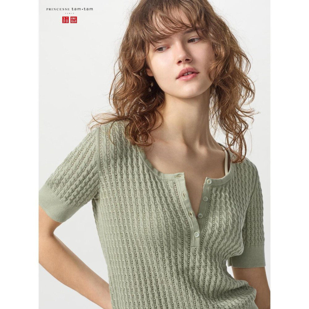 (51 GREEN/M) Uniqlo Japan Point Tail Knit Henley Neck Sweater Short Sleeve