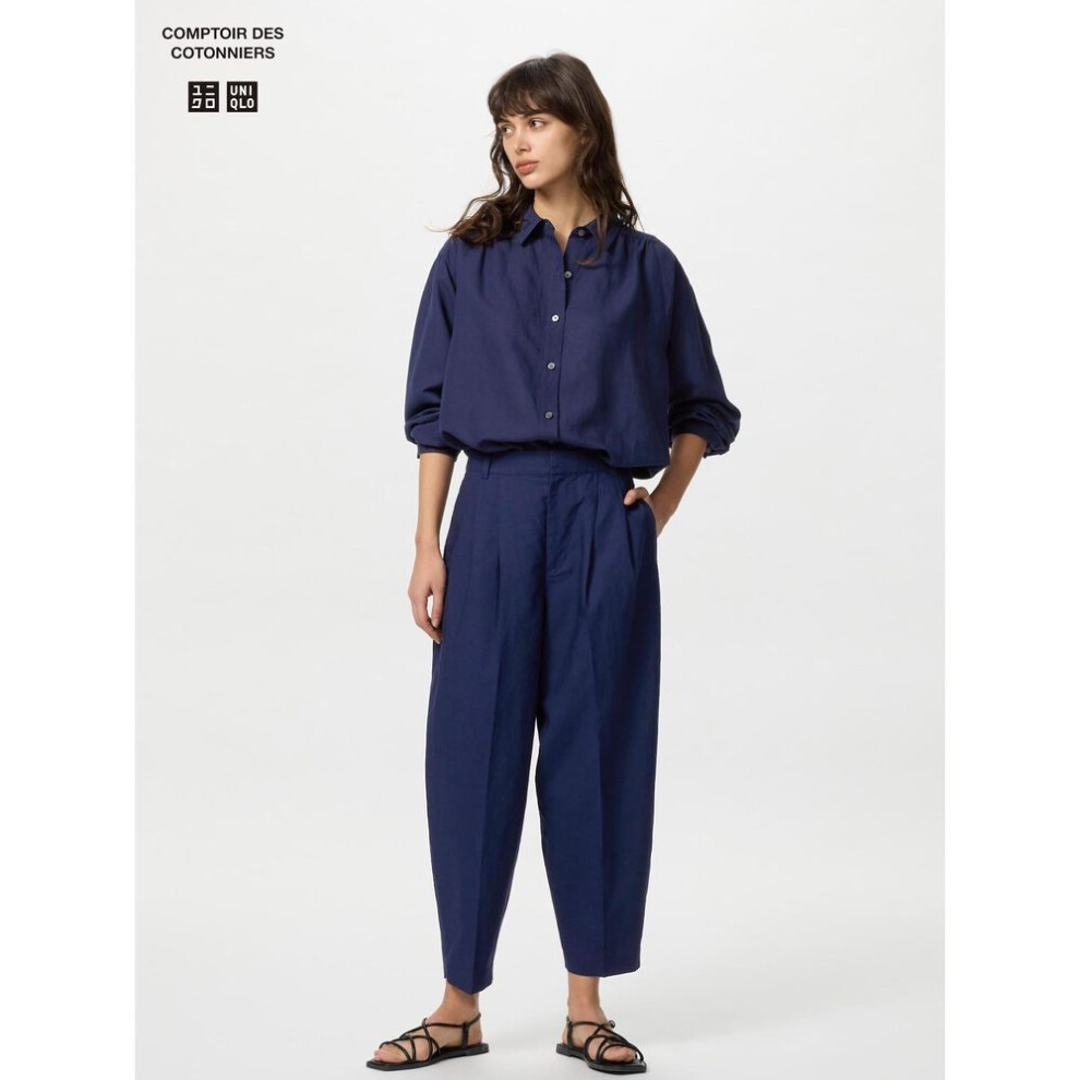 (68 BLUE/XL) Uniqlo Japan Linen Blend Barrel Leg Pants Short Length