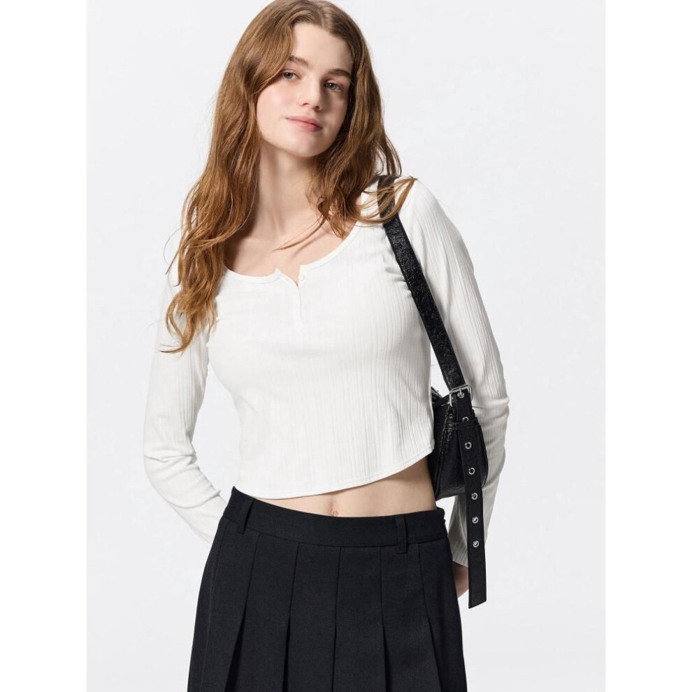 (01 OFF WHITE/L) Gu By Uniqlo Cotton Blend Rib Cropped Henley T  Long Sleeve   Dry