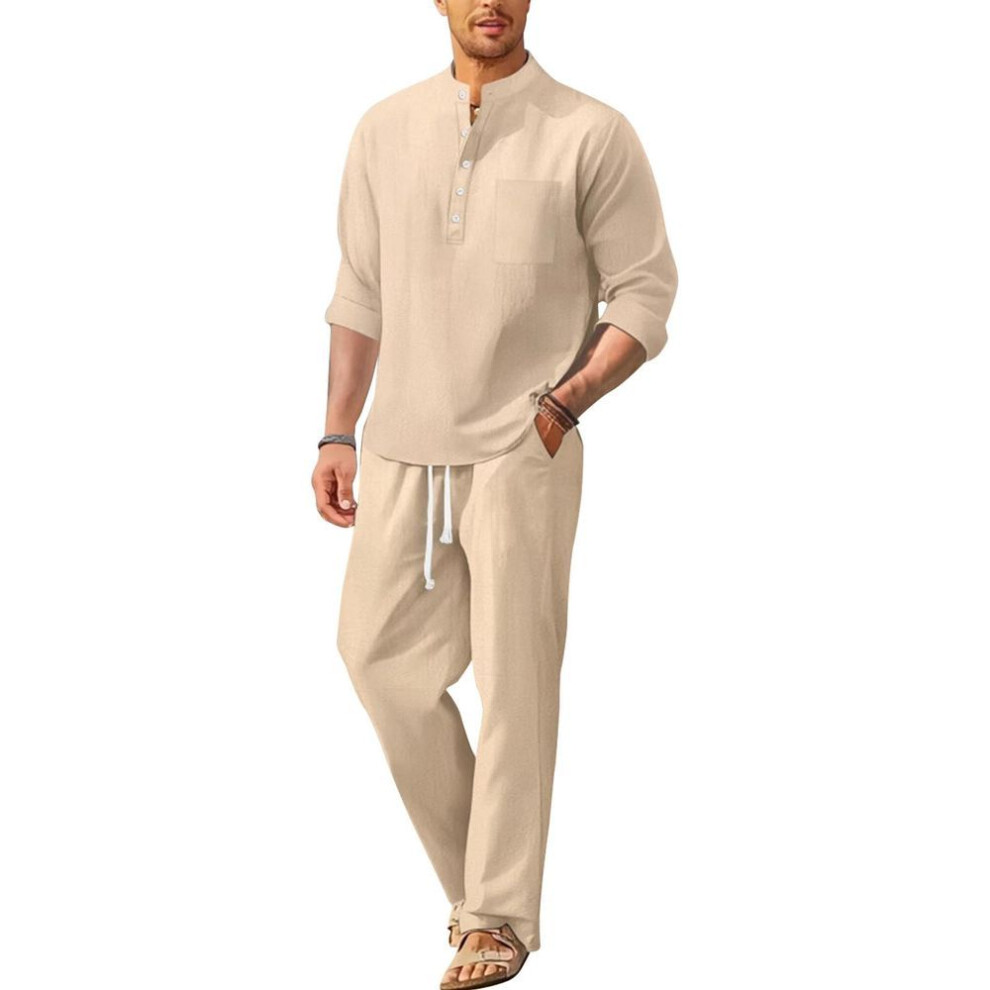 (beige, XXL) Spring And Summer Men's Cotton Linen Long Sleeved Pants Men's Casual Loose Suit