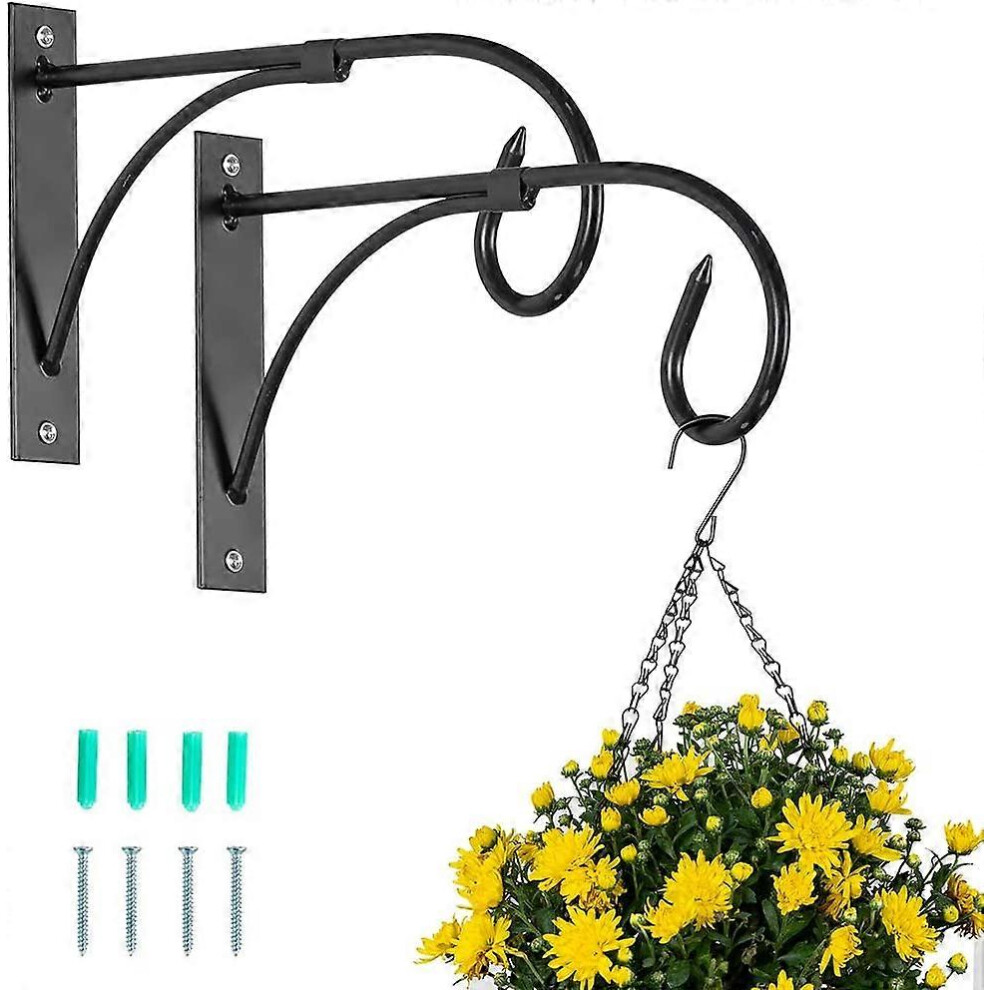2 Pcs Hanging Basket Bracket Outdoor Plant Hooks, Black Fence Hooks for Hanging Baskets, Metal Garden Hanging Hooks Wall Plant Hanger Brackets for Han