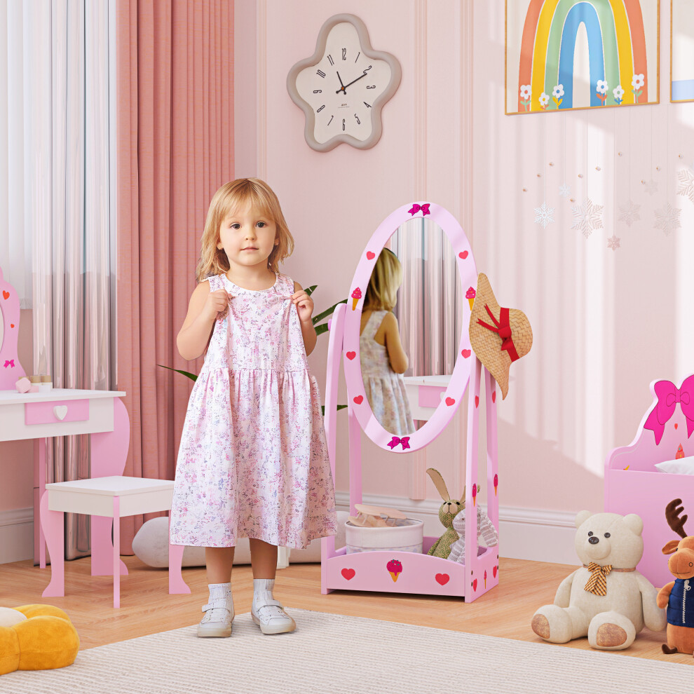 AIYAPLAY 360 Rotating Kids Full Length Mirror with Storage Shelf, Pink