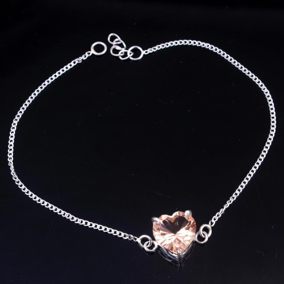 (peach) Morganite, Nano Sapphire Jewelry, Heart Pendant, Silver Jewelry, Silver Chain Bracelet, Handmade Bracelet,
