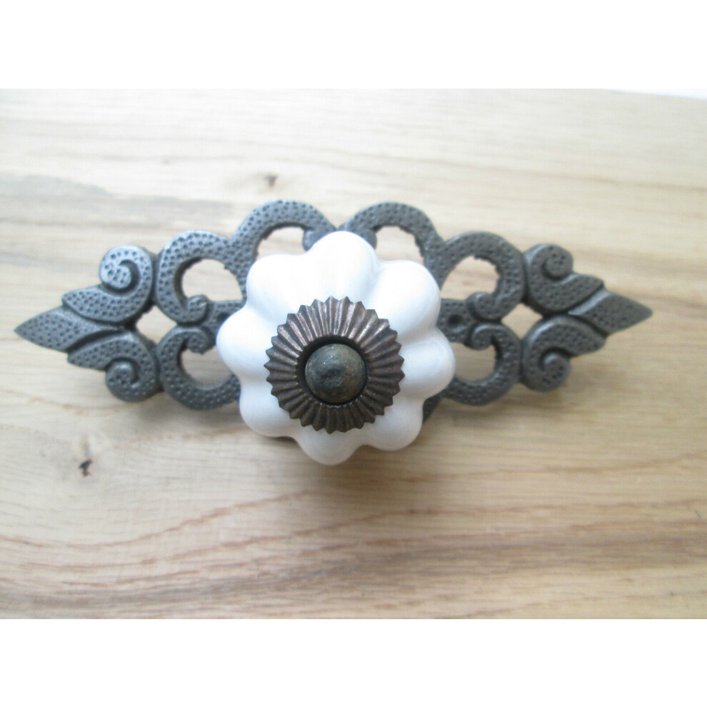 White Ceramic Cabinet Knob With Antique Iron Back Plate By Ironmongery World 5057067893323