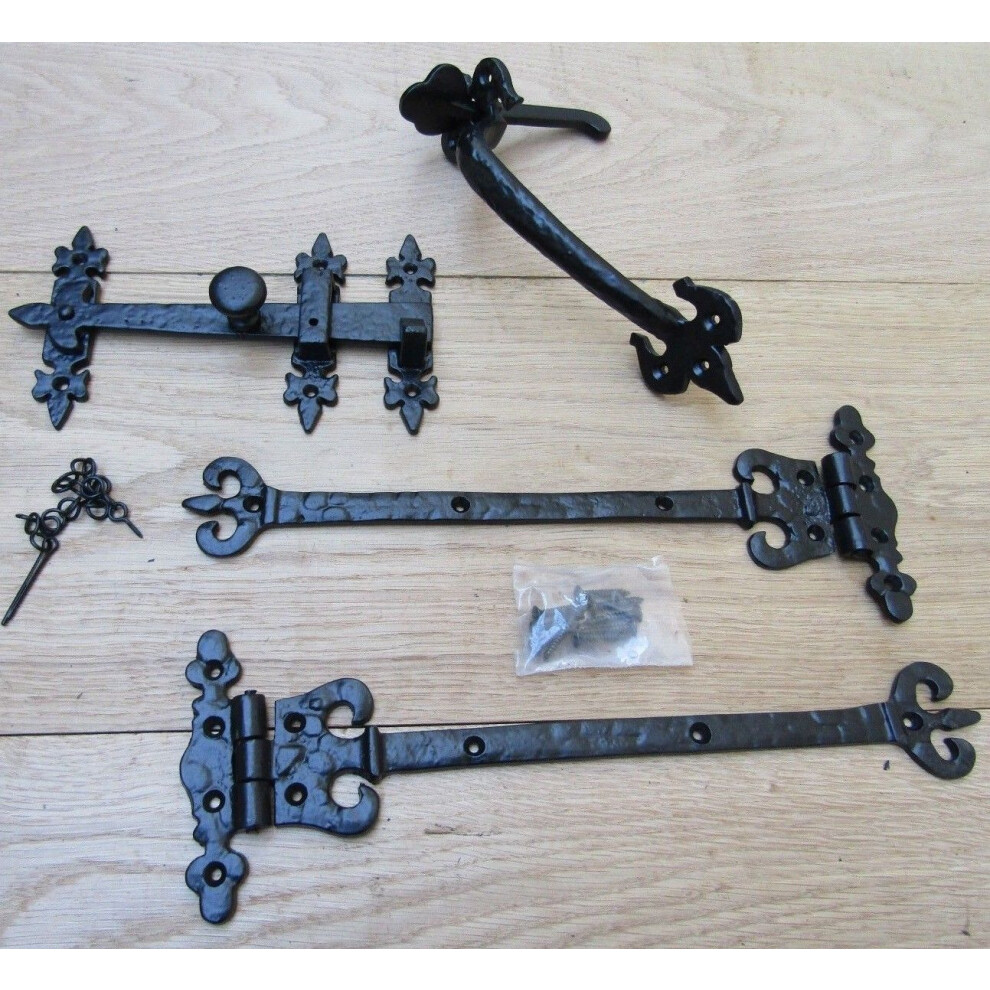 Set Of 12" Coronet Hinges + 9" Thumb Latch Black Antique By Ironmongery World 5057067980153