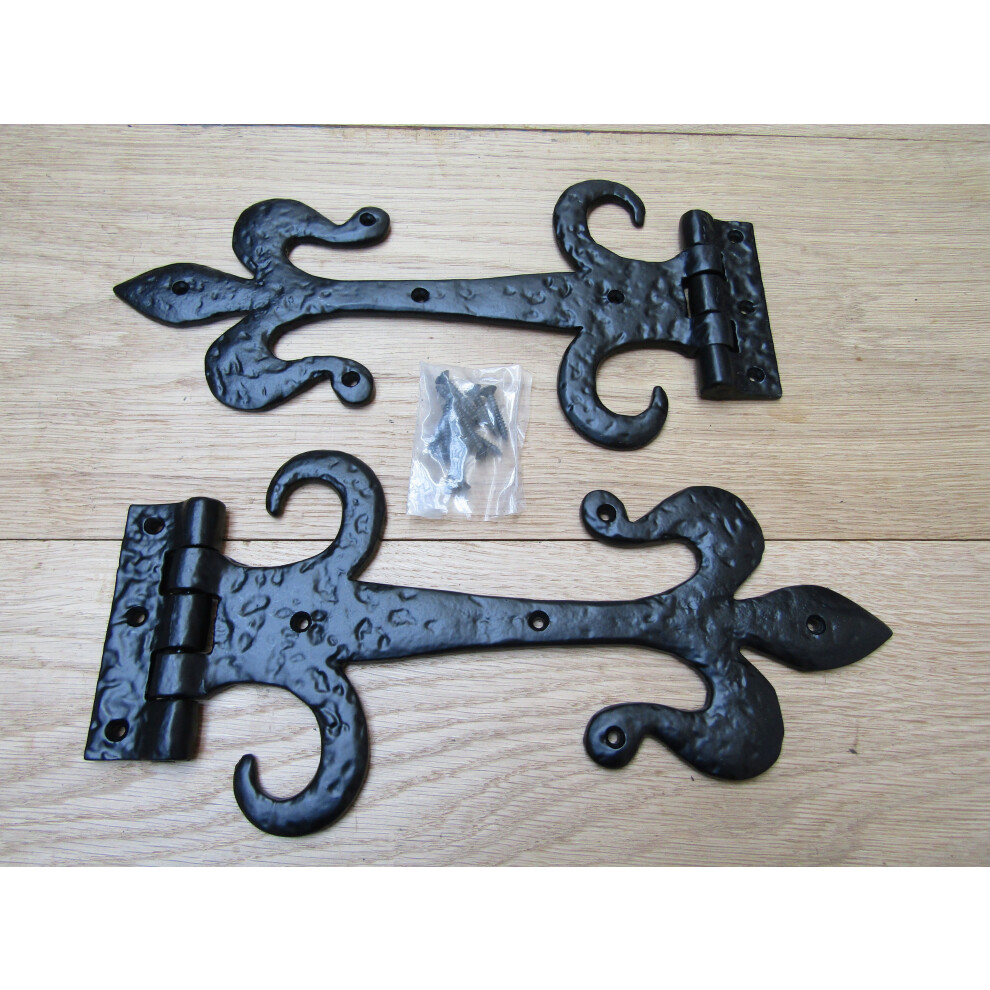 Pair Of 12" Fleur De Lys With Curls Hinges Black Antique By Ironmongery World 5057067529369