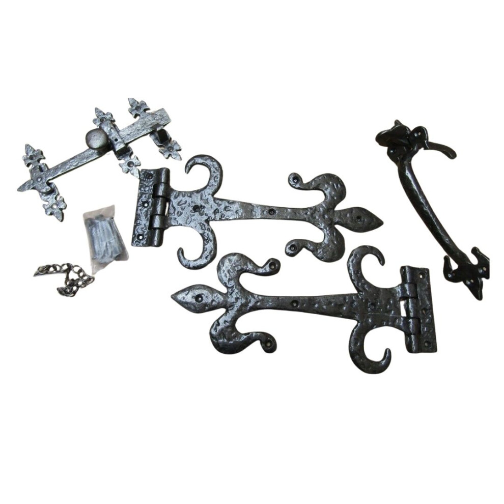 Set Of 12" Fleur De Lys With Curls Hinges + 9" Suffolk Thumb Latch Black Antique By Ironmongery World 5057067980092