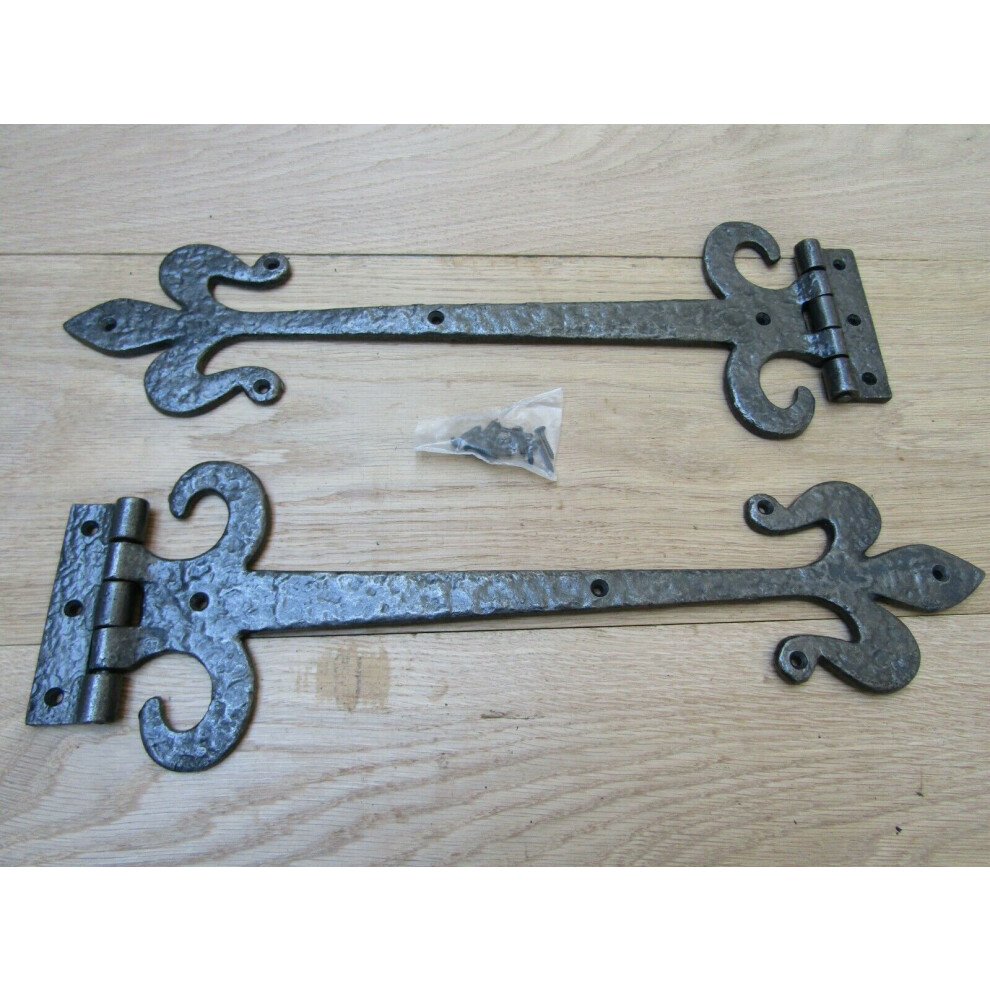 Pair Of 18" Fleur De Lys With Curls Antique Iron Hinges By Ironmongery World 5057067911737