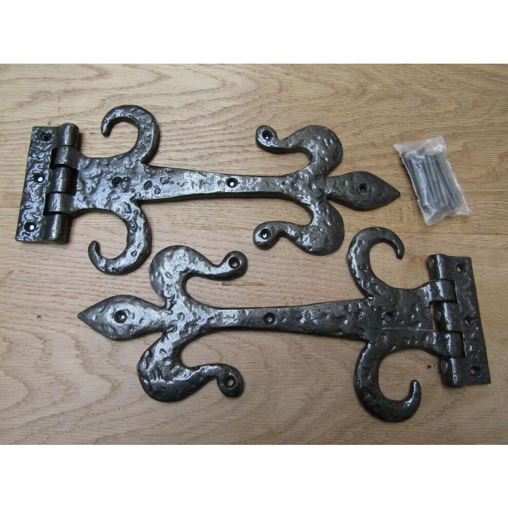 Pair Of 12" Fleur De Lys With Curls Hinges Antique Iron By Ironmongery World 5057067911751