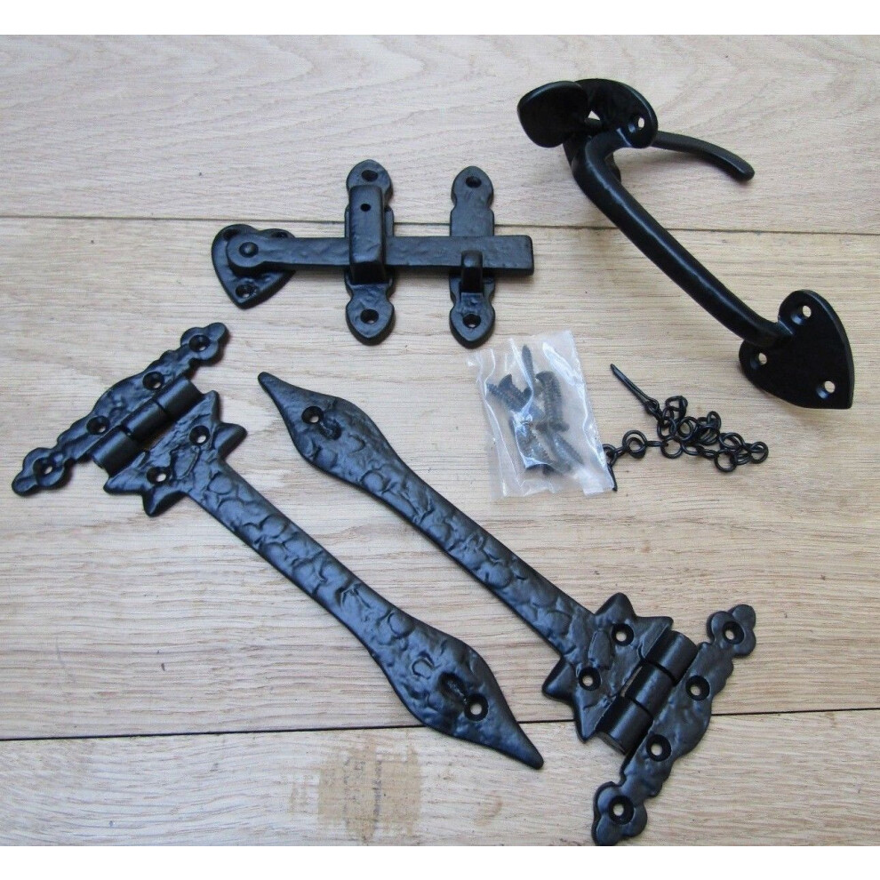 Set Of 12" Leaf Hinges + 7" Thumb Latch Black Antique By Ironmongery World 5057067980139