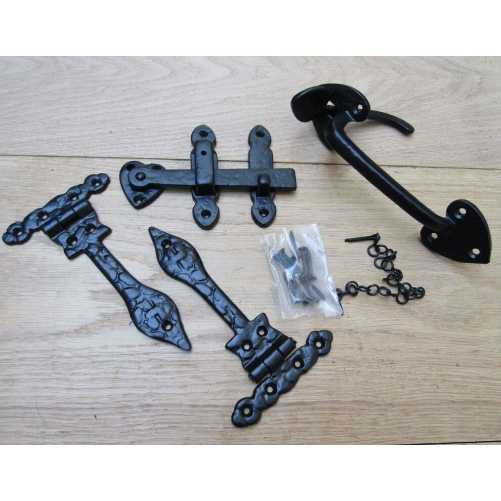 Set Of 6" Leaf Hinges + 7" Thumb Latch Black Antique By Ironmongery World 5057067978891