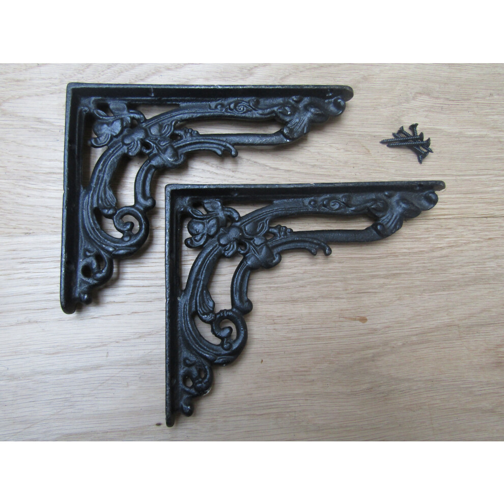 Pair Of Floral Shelf Brackets Black Wax 8" By Ironmongery World 5057067944971