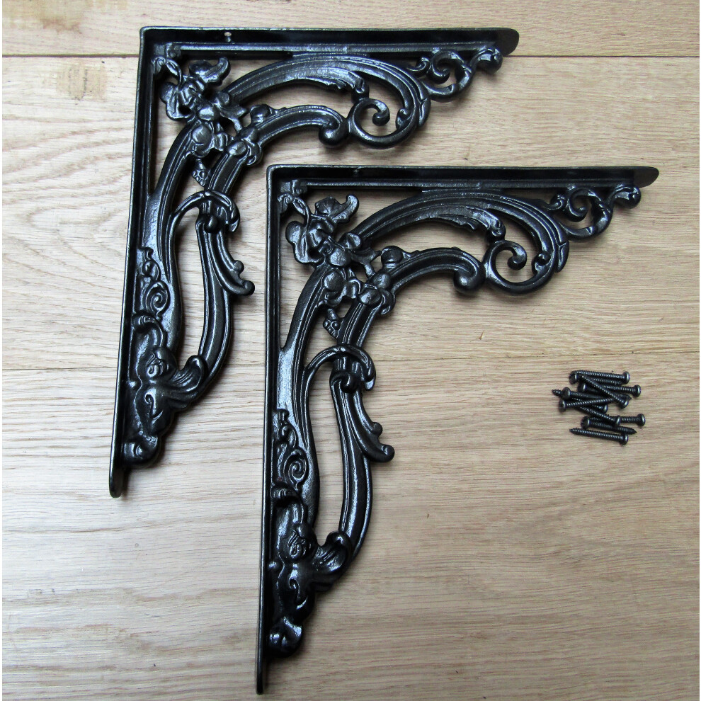 Pair Of Floral Shelf Brackets Black Wax 12" By Ironmongery World 5057067944988