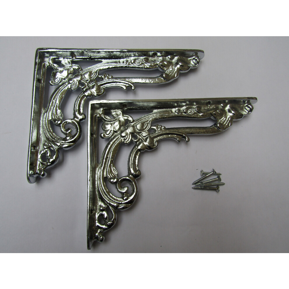 Pair Of Floral Shelf Brackets Polished Chrome 8" By Ironmongery World 5057067951337