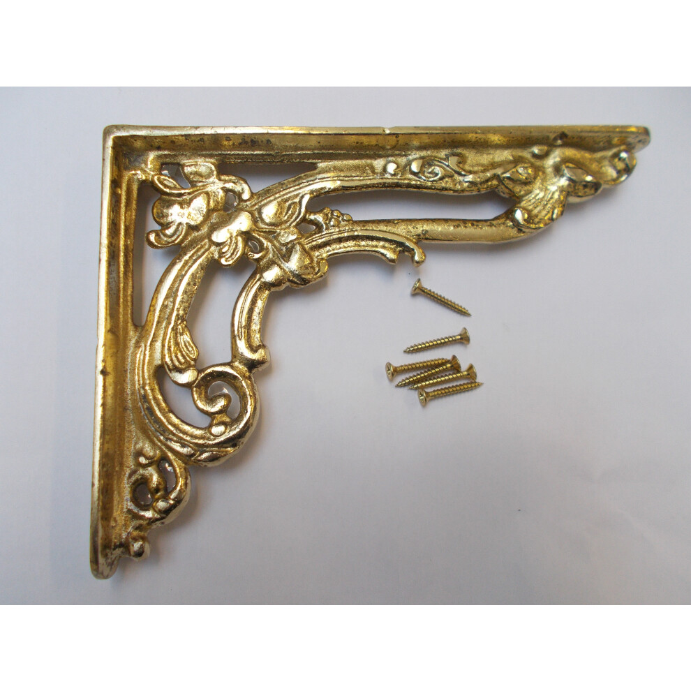 Pair Of Floral Shelf Brackets Polished Brass 8" By Ironmongery World 5057067966652
