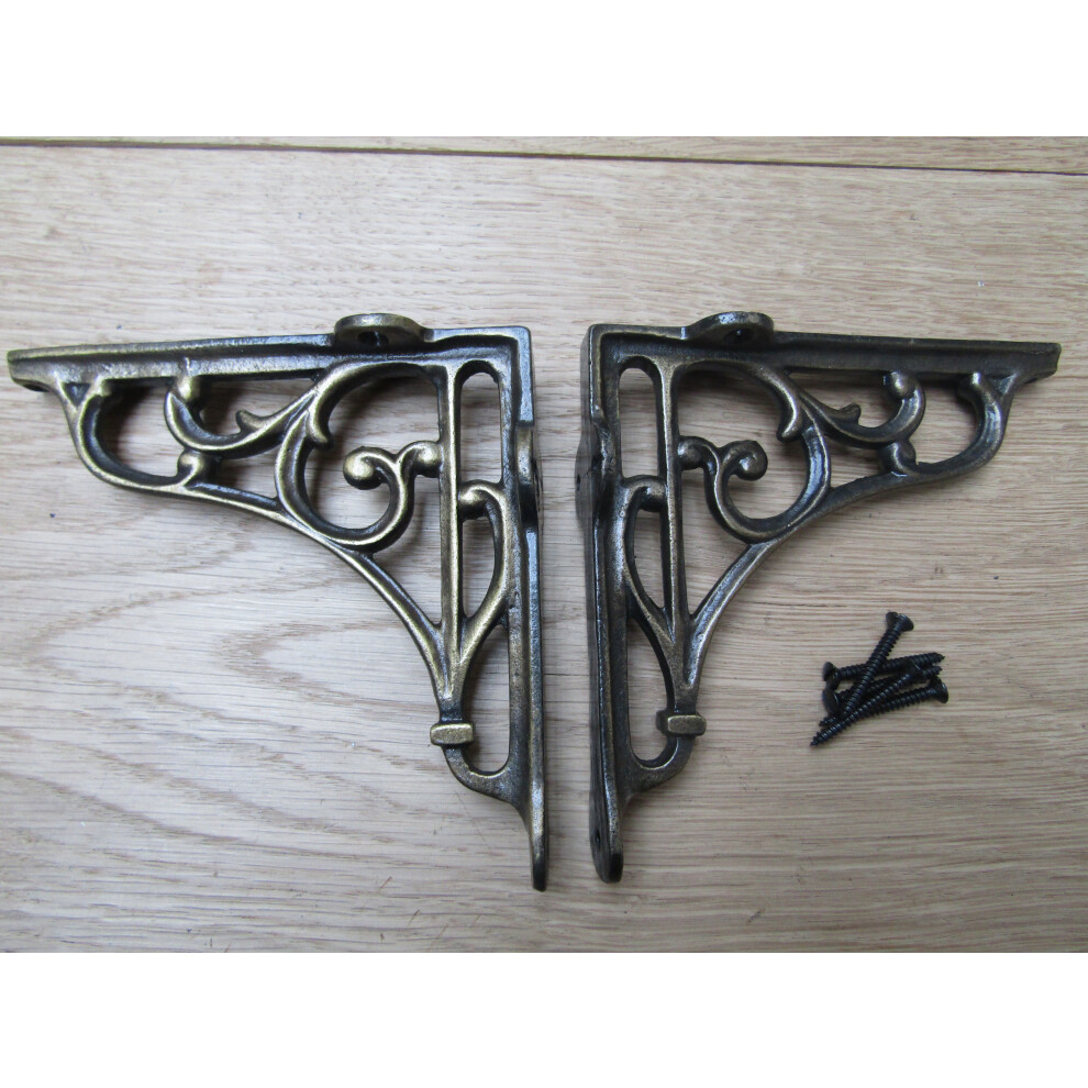 Pair Of Victorian Scroll Metal Shelf Brackets Antique Brass 7" By Ironmongery World 5057067970253