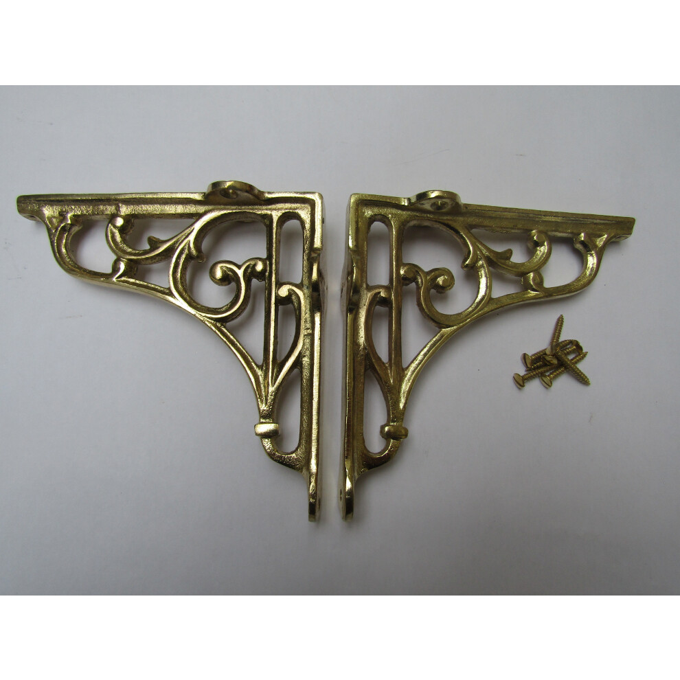 Pair Of 5" Victorian Scroll Shelf Brackets Polished Brass By Ironmongery World 5057067902230