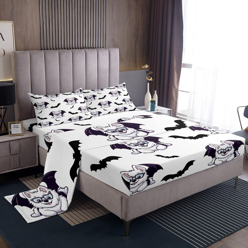(Double, Black and White) Cute Cartoon Dog Sheet Set for Kids, Border Collie Bed Sheets Set for Boys Girls, Halloween Black Bats Sheets, Dog Animals Flat Fitted Sheet