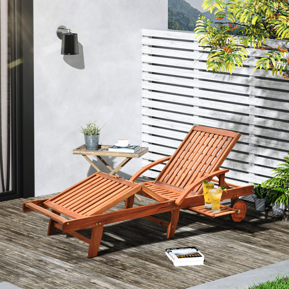 Outsunny Wood Sun Lounger Chaise Bed Back Footrest Patio Furniture w/ Wheels