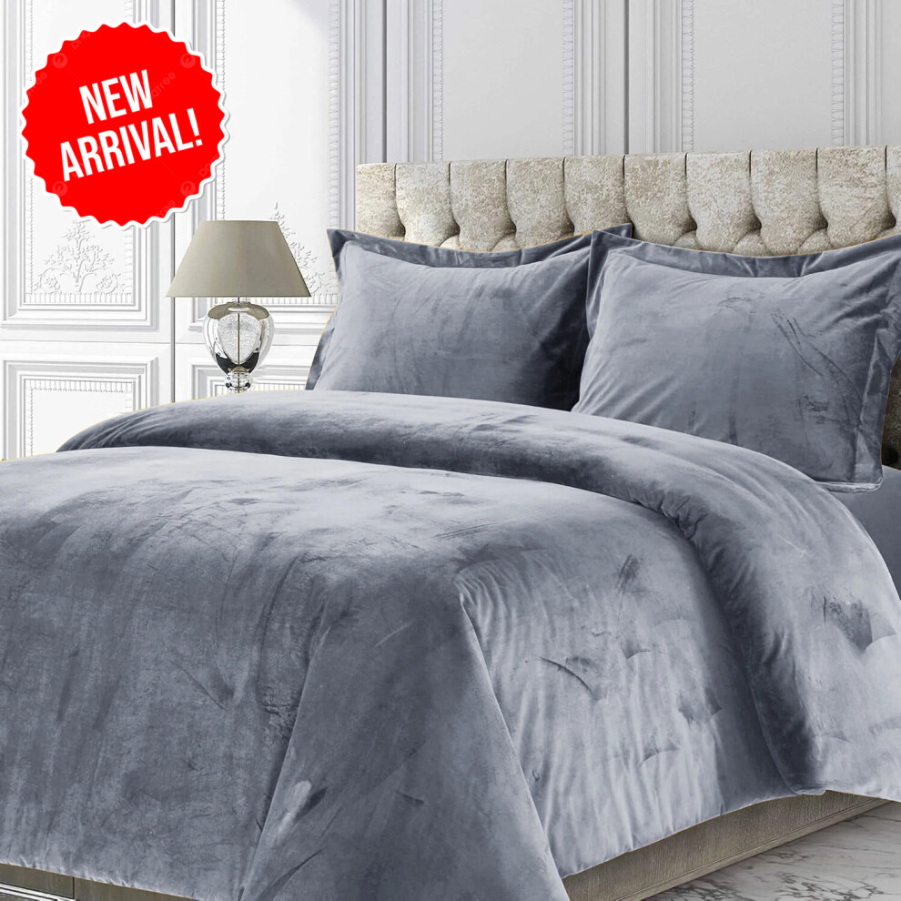 (Grey, King Size Bedspread) Velvet Quilted Bedspread Set with Pillow Shams - Faux Fur & Microfiber Bedding (Double, King, Super King) - Hypoallergenic, Machine Washable