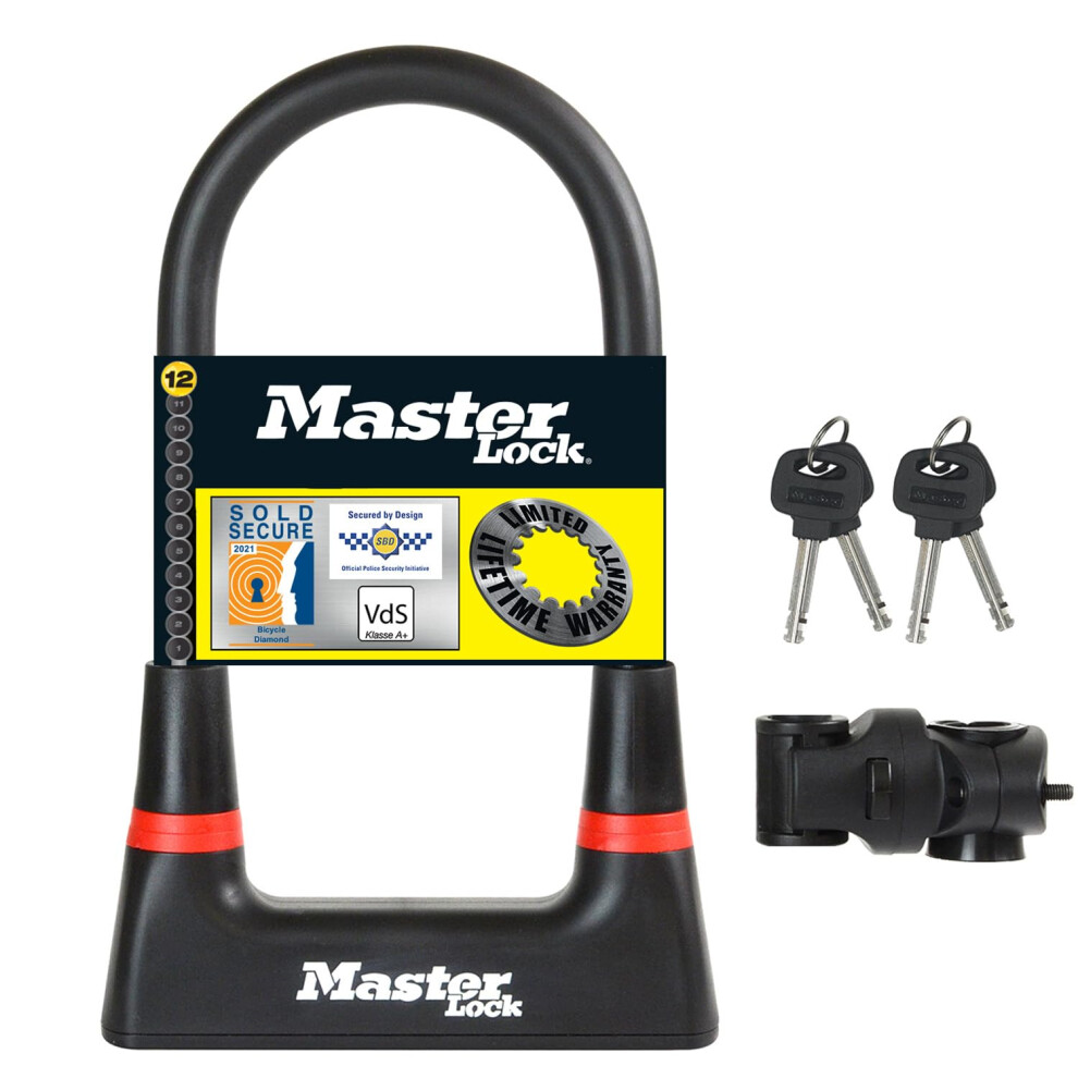 Master Lock Heavy Duty Bike D Lock, Key, Universal Mounting Bracket, Certified Bike Lock - Police Approved 8279EURDPRO - Use with Electric, Mountain,