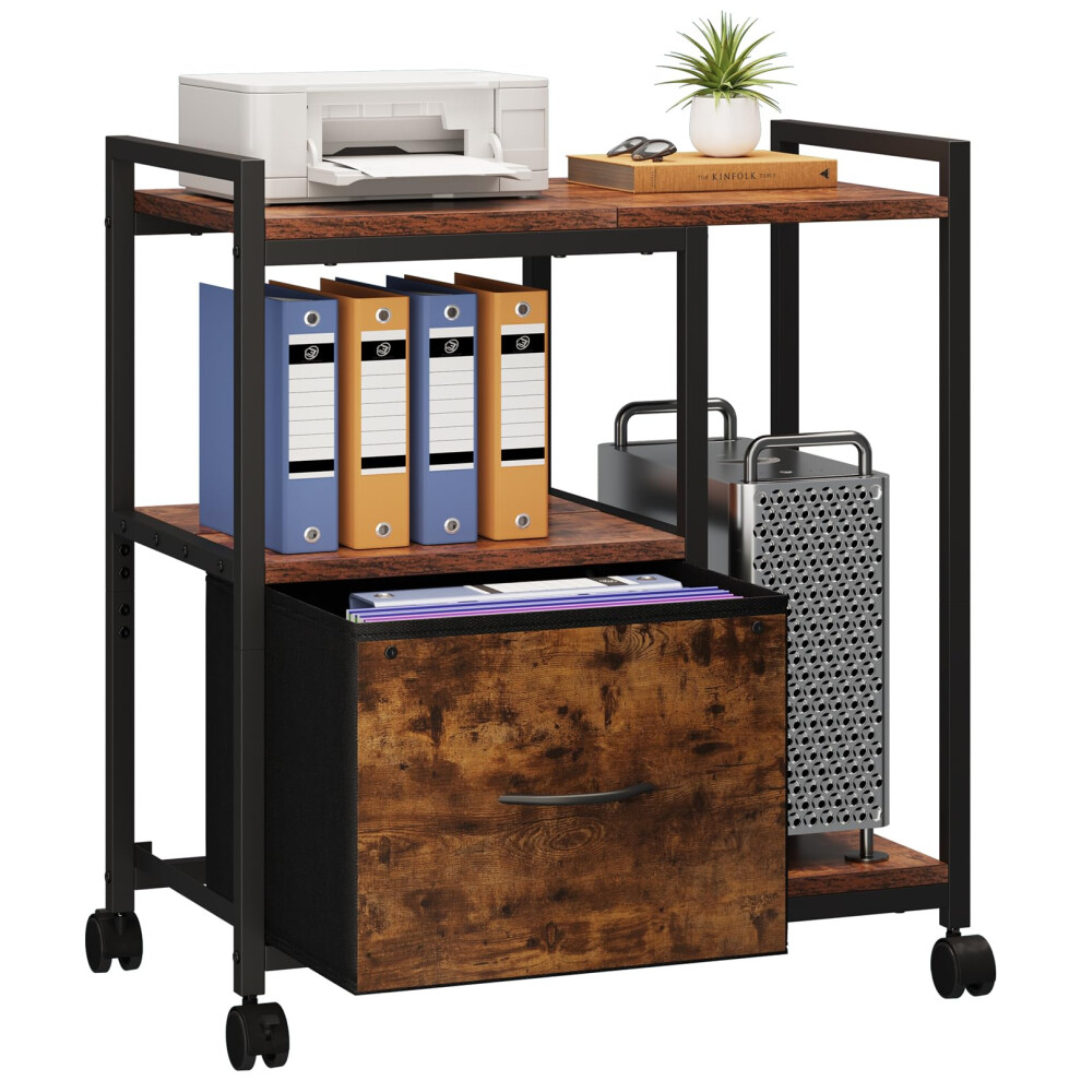 Dripex Mobile Printer Stand with Fabric File Drawer, Rolling Printer Cart with Storage Shelves, Host Computer Stand, A4 or Letter Size Fabric Filing