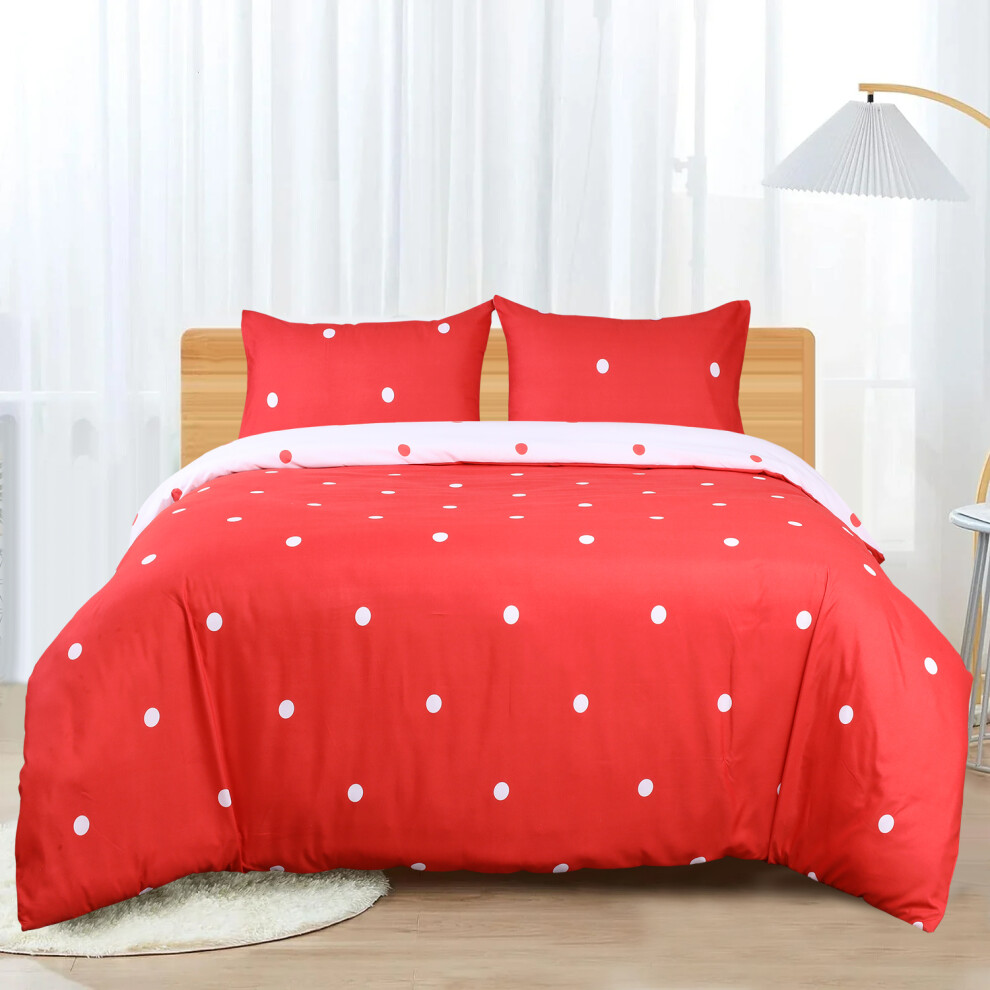 (White & Red Dotted, Super King) Reversible Duvet Quilt Cover Floral Bedding Sets