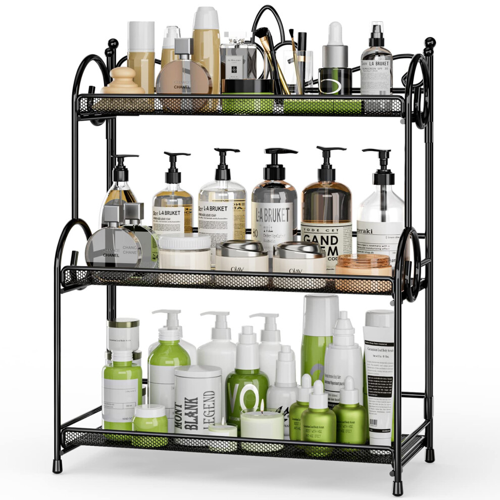 Eknitey Bathroom Countertop Organiser Storage - Kitchen Counter Spice Rack 3 Tier Countertop Organiser For Makeup, Perfume, Cosmetics Black
